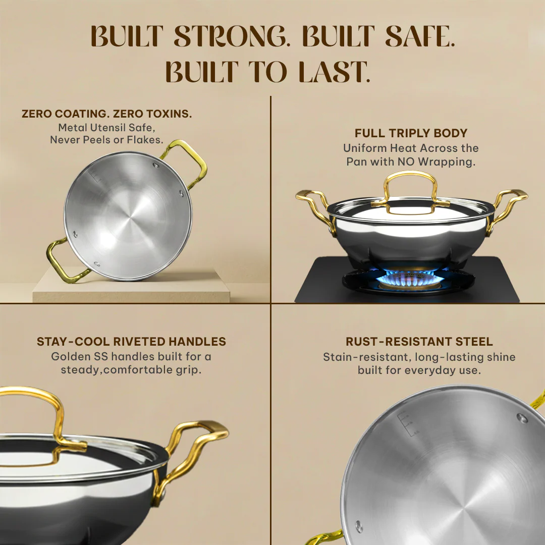 MontClaire Stainless Steel Kadai With Full Triply - 22cm(8.6 Inch), 2.3L Capacity - Image 5