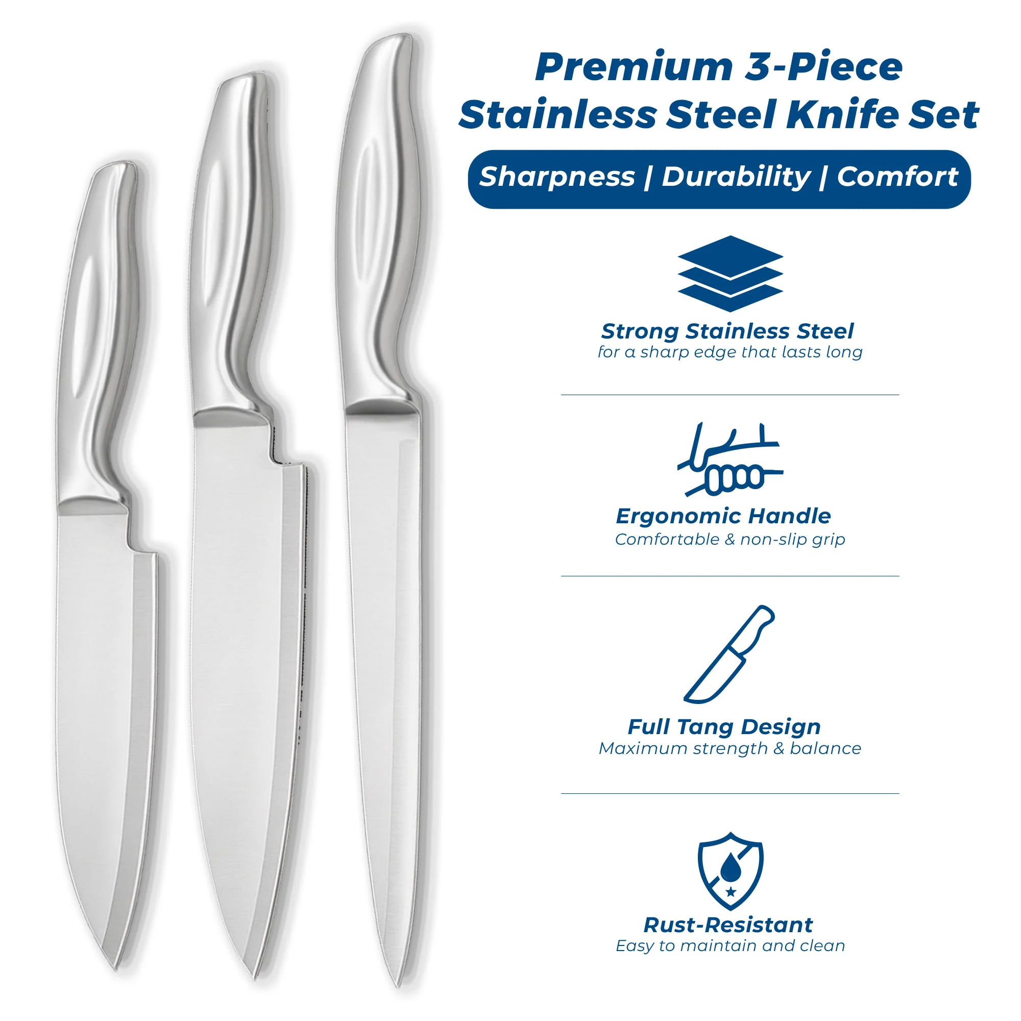 Stainless Steel Kitchen Knife Set - Pack of 3 - Image 11